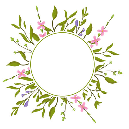 Vector frame with delicate flower buds and leaves. Spring botanical illustration for cards and invitations with space for text. Wreath of flowers and greenery for elegant designs.のイラスト素材