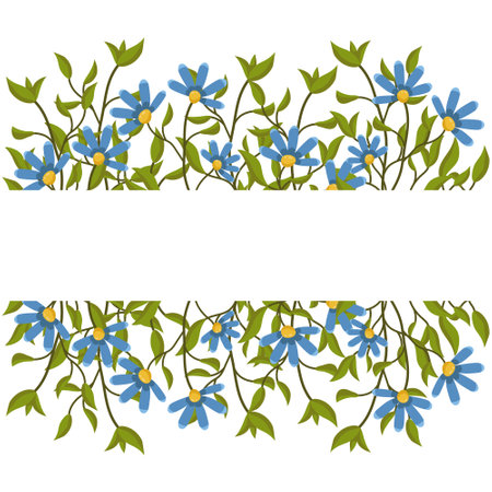Vector spring banner with blue flowers and space for text. Colored botanical illustration for greeting cards and invitations. Plate of flowers and greenery for summer designsのイラスト素材