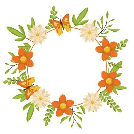 Vector Bright Wreath with Flowers, Leaves and Butterflies. Spring Botanical Illustration for Cards and Invitations with Place for Text. Frame of Flowers and Greenery for Summer Designs.のイラスト素材