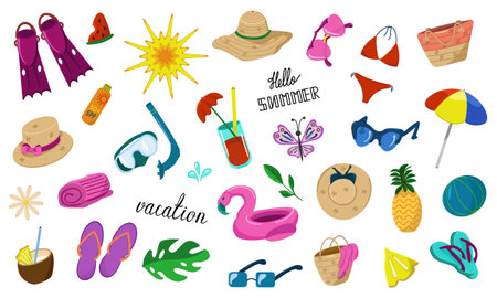 Vector set of images for summer beach holiday. Beach equipment, Fruits and accessories. Summer travel collection. Flamingo inflatable ring, sunglasses, beach bagのイラスト素材