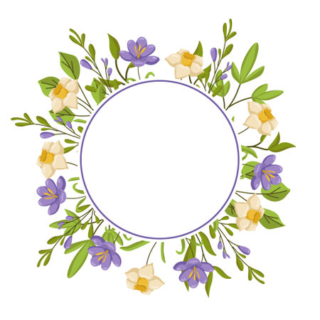 Vector frame with delicate flower buds and leaves. Spring botanical illustration for cards, invitations and wedding designs with space for text. Wreath of flowers and greenery for elegant designs.のイラスト素材