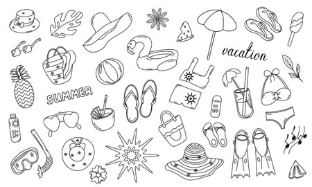 Vector set of images for summer beach vacation in doodle style. Vector icons for vacation. Summer travel collection. Inflatable ring with flamingo, sunglasses, beach bagのイラスト素材