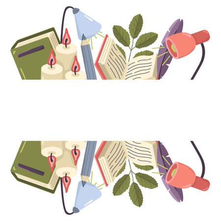 Vector banner with books, candles and lamps. Colored composition for school and library with copy space. World Book and Knowledge Day. Picture of fiction and plantsのイラスト素材