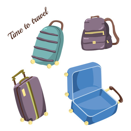 Vector set of suitcases and backpacks. Tourism, adventure and travel concept. Perfect for marketing materials, blogs and web design.のイラスト素材