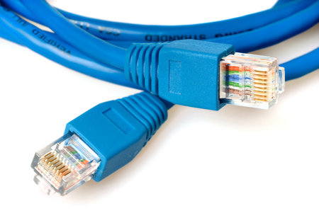 Closeup of blue network cable with jack