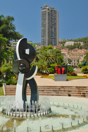 Park with fountains and modern sculptures in Monte Karlo  Monacoのeditorial素材