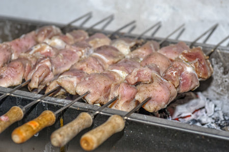 Raw pieces of meat prepare on fireの写真素材