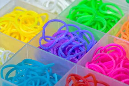 Elastic rainbow loom bands close up view