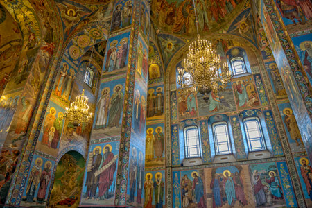 Painting and mosaic in interior of Savior on the Spilled Blood Cathedral in St. Petersburg. Russiaのeditorial素材
