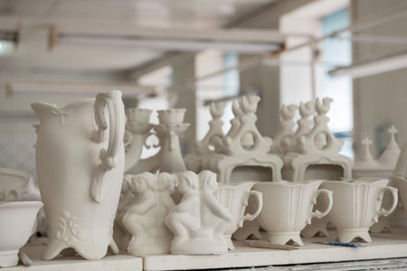 Formed clay ware under production in potter's workshopの写真素材