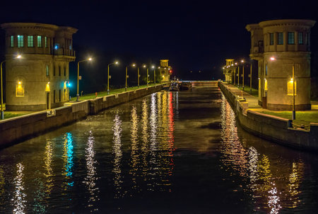 Gateway on Moscow Canal in night, Russiaの写真素材