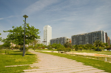 Citypark with skyscraper in the old channel of Turia river in Valencia.の写真素材