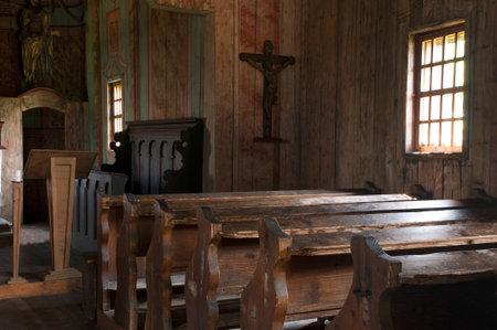 Interior of traditional wooden church, Slovakiaの写真素材
