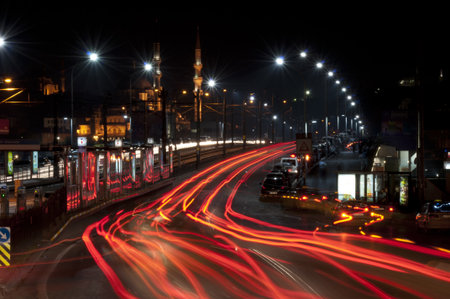 Galata bridge with car light trails, Istanbul, Turkeyの写真素材