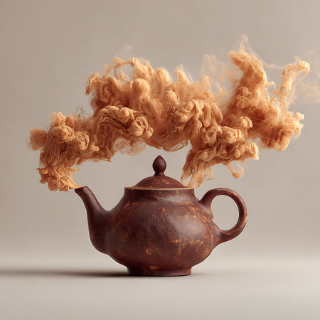 A vintage teapot with a textured surface releases a dramatic plume of swirling orange smoke, isolated on a clean white background.の素材