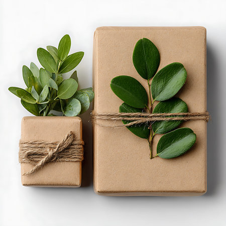 Two small gifts wrapped in kraft paper and tied with twine, decorated with fresh green leaves, isolated on a white background.の素材