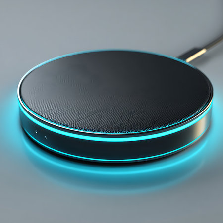 A sleek, circular wireless charging pad with a glowing blue LED light ring, isolated on a clean white background.の素材