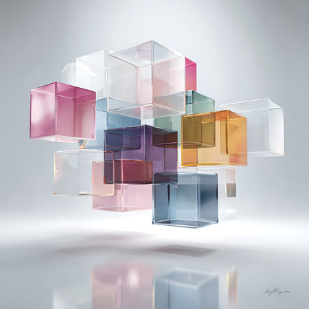 A dynamic arrangement of translucent, colorful cubes in various shades, artfully clustered together and isolated on a clean white background.の素材