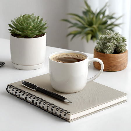A white mug of coffee sits on a notebook with a pen, surrounded by potted succulents, all isolated on a white background.の素材