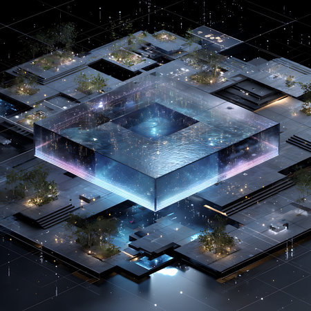 An intricate, glowing futuristic crystal network structure with illuminated components, isolated on a white background.の素材