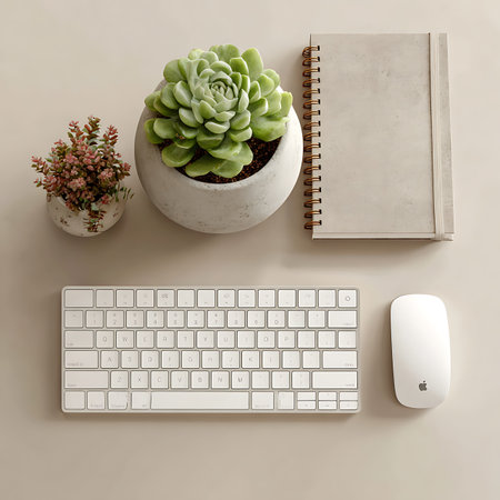 A clean and organized desk setup featuring a succulent plant, a notebook, a keyboard, and a mouse, all isolated on a white background.の素材