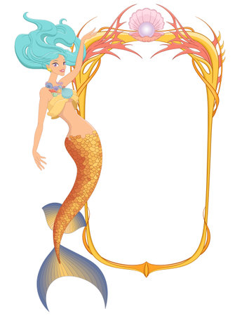 Beautiful mermaid with frame. Vector illustration isolated on white background.のイラスト素材