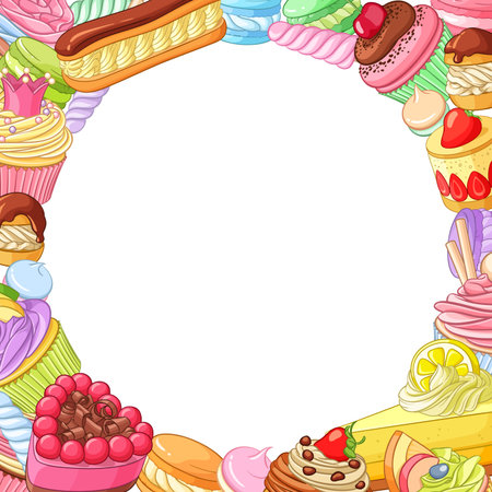 Round vector frame with variety of bright colorful assorted desserts, pastries, sweets, candies, cupcakes and macarons.のイラスト素材
