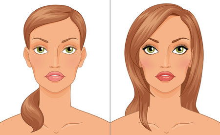 Woman's portrait before and after makeup. Vector illustration isolated on white background.のイラスト素材