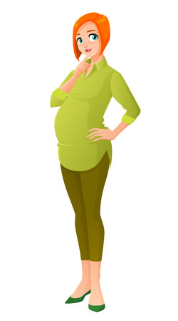 Beautiful pregnant redhead woman thinking. Cartoon vector illustration isolated on white background.のイラスト素材