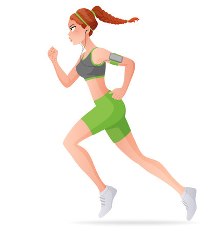 Young fit woman running with earphones. Cartoon vector illustration isolated on white background.のイラスト素材