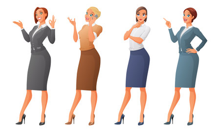 Set of cartoon business formal dressed women showing ok sign gesture, talking on phone, looking up and thinking, finger pointing up. Vector illustration isolated on white background.のイラスト素材