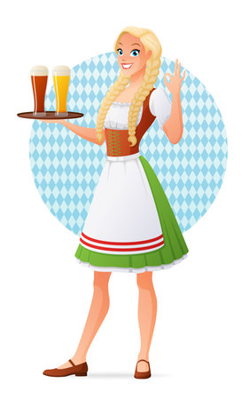 Beautiful blond young woman in traditional Bavarian outfit holding tray with glasses of light and dark beer. Cartoon vector illustration isolated on white background.のイラスト素材