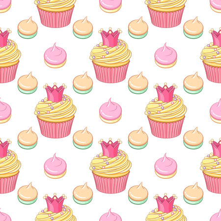 Cute pink princess crown cupcakes and meringues vector seamless pattern on white background.のイラスト素材