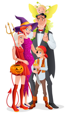 Cute cartoon family with three kids in Halloween costumes vampire, witch, devil, pirate and fairy. Vector illustration isolated on white background.のイラスト素材