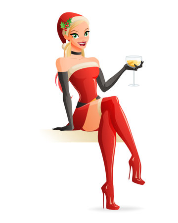 Cute sexy blond girl in red Christmas Santa costume sitting and toasting with glass of champagne. Pinup style vector illustration isolated on white background.のイラスト素材