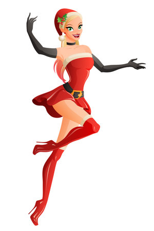 Pretty blond woman in red Christmas Santa costume presenting and flying. Cartoon style vector illustration isolated on white background.のイラスト素材