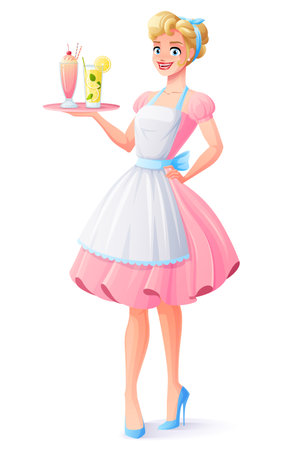Beautiful housewife in pink dress and apron smiling and holding tray with milkshake and lemonade. Cartoon style vector illustration isolated on white background.のイラスト素材