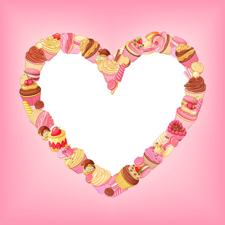 Cupcakes, sweets, macaroons, pastries heart frame on pink background. St.Valentines Day romantic decoration.のイラスト素材