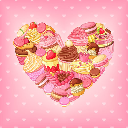 Desserts heart on pink background. St.Valentines Day romantic decoration.のイラスト素材