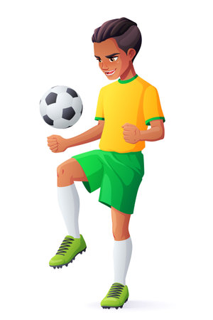 Cute young teen football or soccer player boy in uniform juggling with ball. Cartoon vector character isolated on white background.のイラスト素材