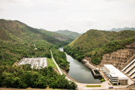 Dam reservoir in Kanchanaburiの写真素材