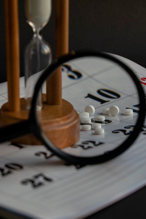 Conceptual medical photo of pills on a calendar background with an hourglass. Health theme.