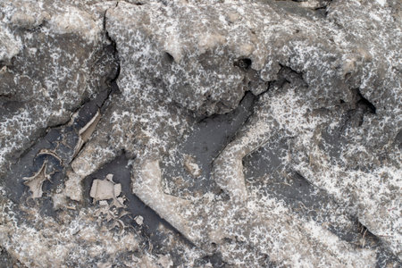 Dry gray dry land with cracks from drought. Problems of global warming.の写真素材