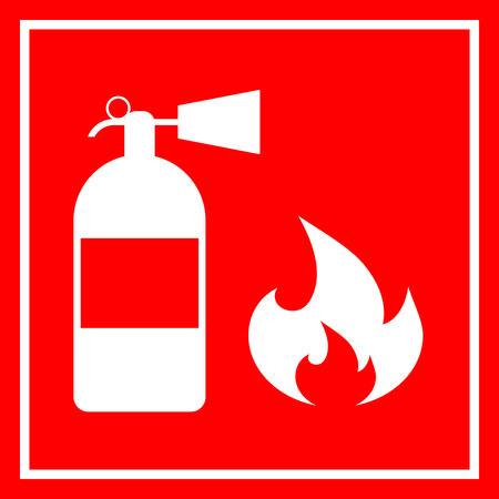 Fire safety red banner isolated on white background. Fire extinguisher and flame symbols.のイラスト素材