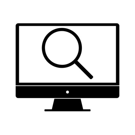 Desktop monitor vector illustration with magnifying glass inside it. Computer searching data history flat icon design element, flat vector illustration.のイラスト素材