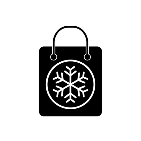 Black Shopping bag with gift isolated on background. Paper package. Christmas sales. Winter discounts for holidays. Vector flat designのイラスト素材