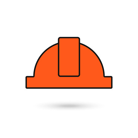 Work only in a helmet, sign. Construction orange helmet line icon concept. Construction helmetのイラスト素材