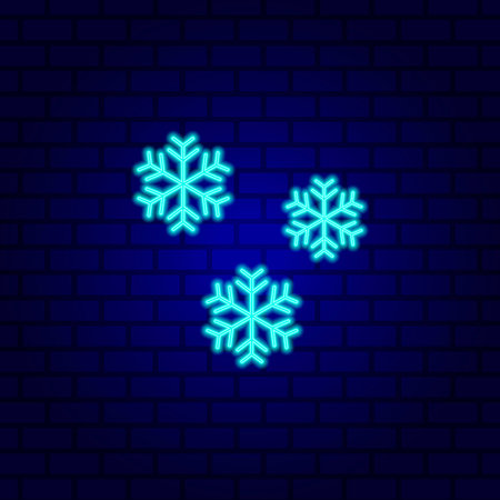 Snowflake neon sign. Luminous signboard with winter decoration icon isolated on brick wall background. Vector Illustrationの写真素材