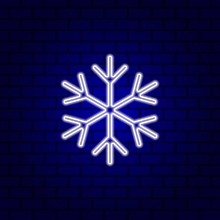White snowflake neon sign. Vector illustration, neon style on the wall background.の写真素材