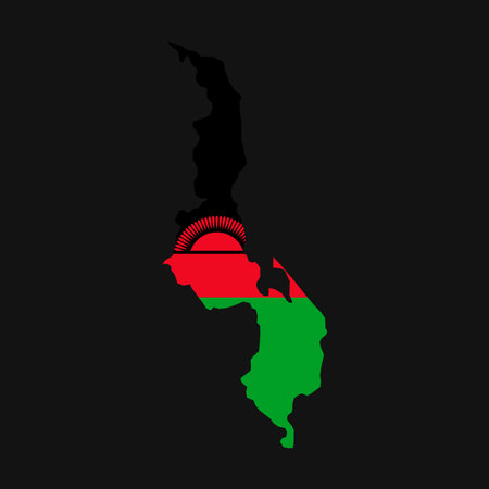 Malawi map silhouette with flag on black backgroundのイラスト素材
